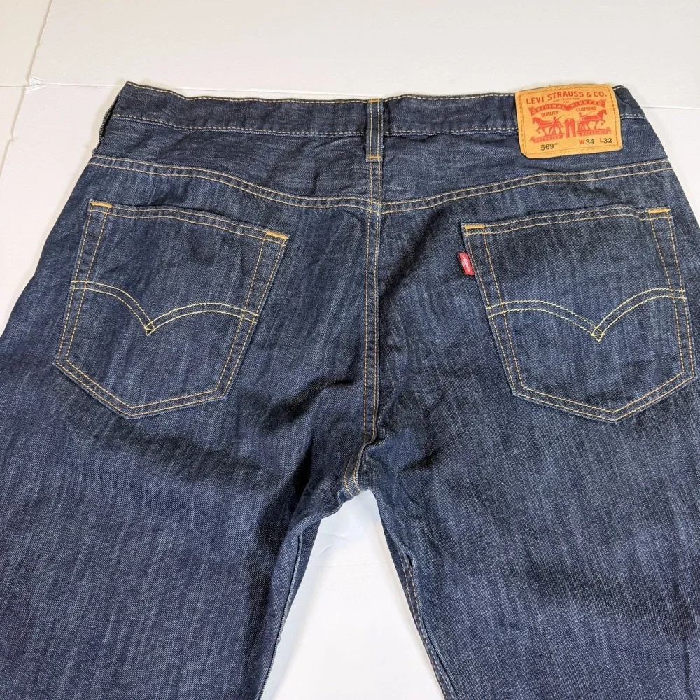 Levi's 569 Straight Leg Jeans Mens 34x32 Blue Denim Dark Wash Contract Stitching